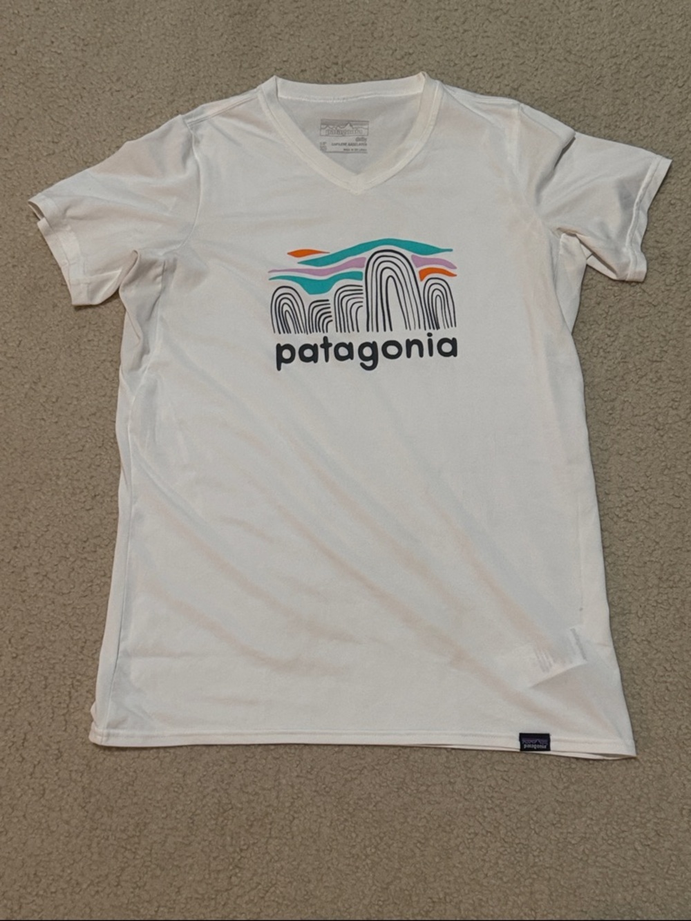 Patagonia Capilene Baselayer White Tee with Multicolor Wave Logo XS